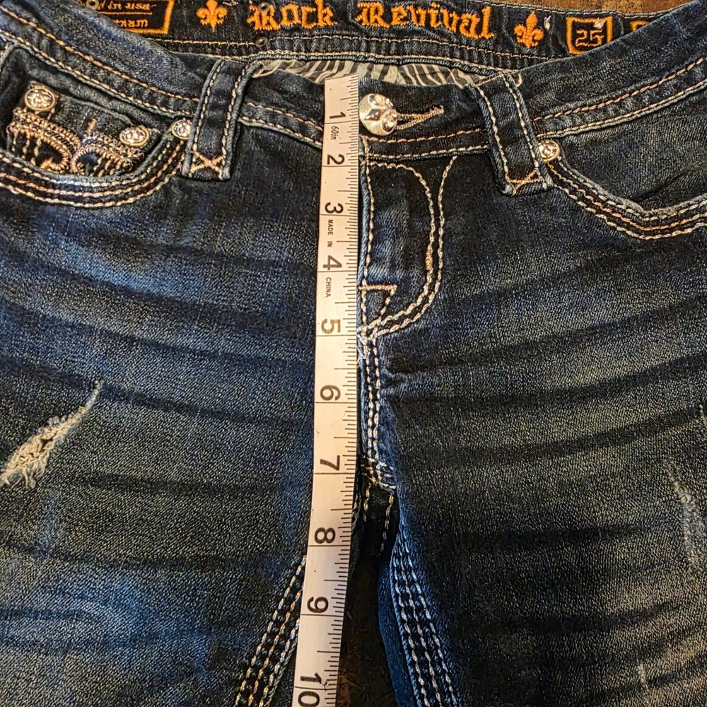 Rock Revival Drew Bootcut Jeans Women Size 25 Dark Wash Distressed Rhinestone - Picture 14 of 14